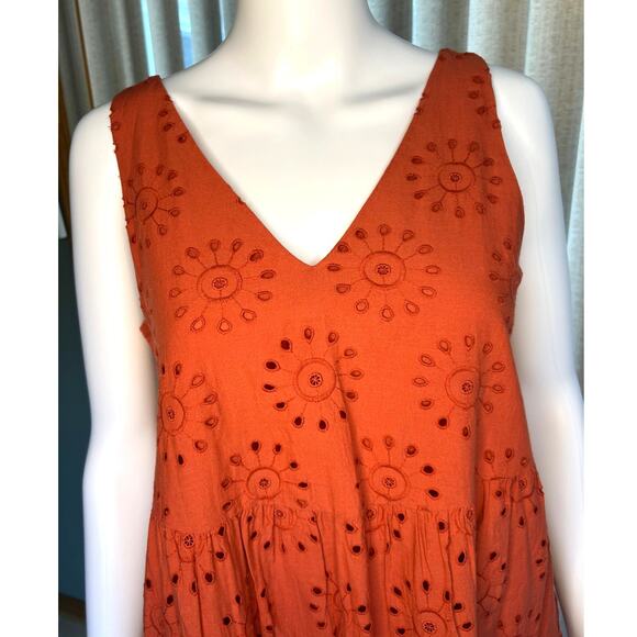 LOFT Eyelet Lace Cotton Babydoll Mini Dress V-Neck Slvls Burnt Orange Size XS - Picture 3 of 8